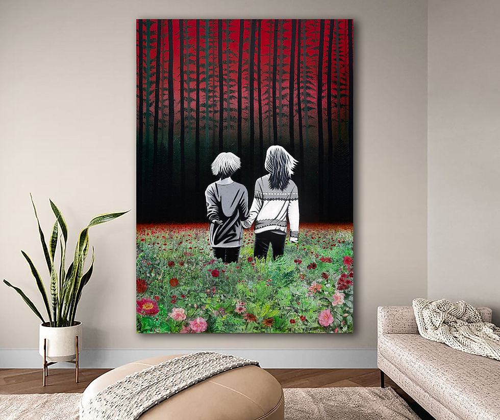 White wall with vertical painting of two girls in black and white walking hand in hand trough red meadow towards green woods