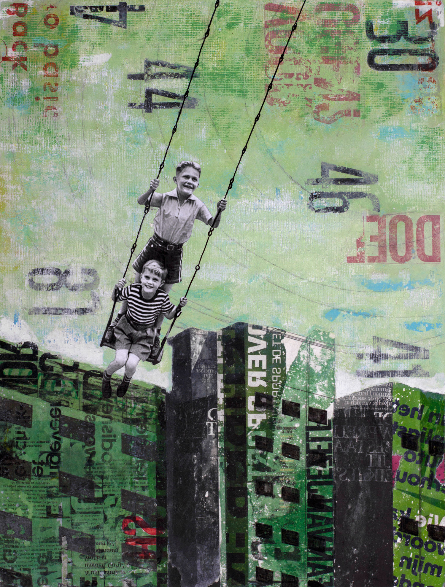 Street art, pop art, collage artwork in greens about two boys on a swing in front of large dark green builings