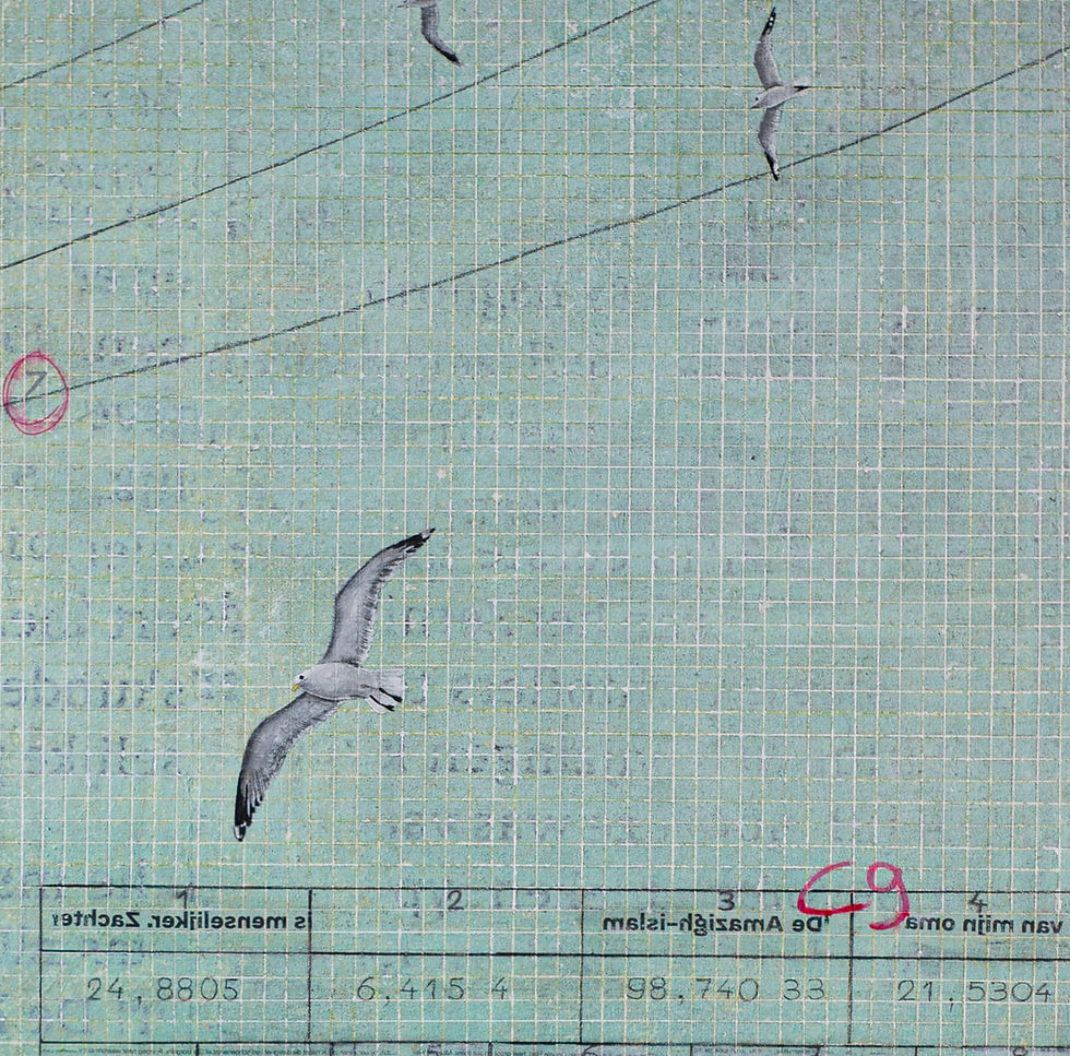 Thumbnail: aqua sky with whitish squares , seagulls and tables with letters and numbers