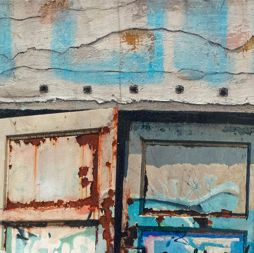 Thumbnail: Top half of two rusty doors full of graffiti and tags