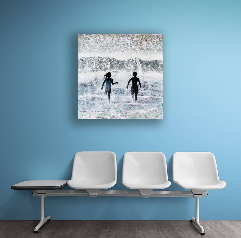 Thumbnail: painting in white  and light shades on light blue wall with silhouettes of children running in the waves
