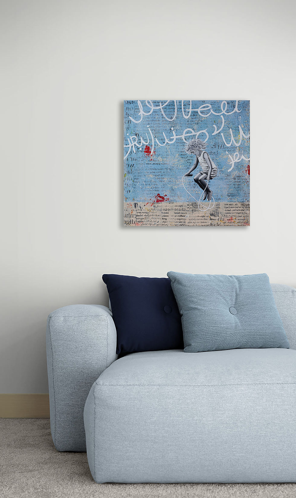 Thumbnail: Square canvas with girl and skipping rope in front of light blue and beige street art wall, hanging on wall above couch