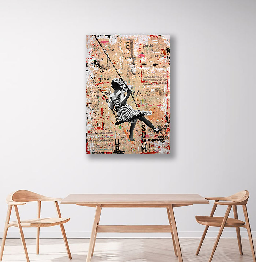 Thumbnail: Beige street art on wall above table with monochrome girl seen on back on swing against graffiti background