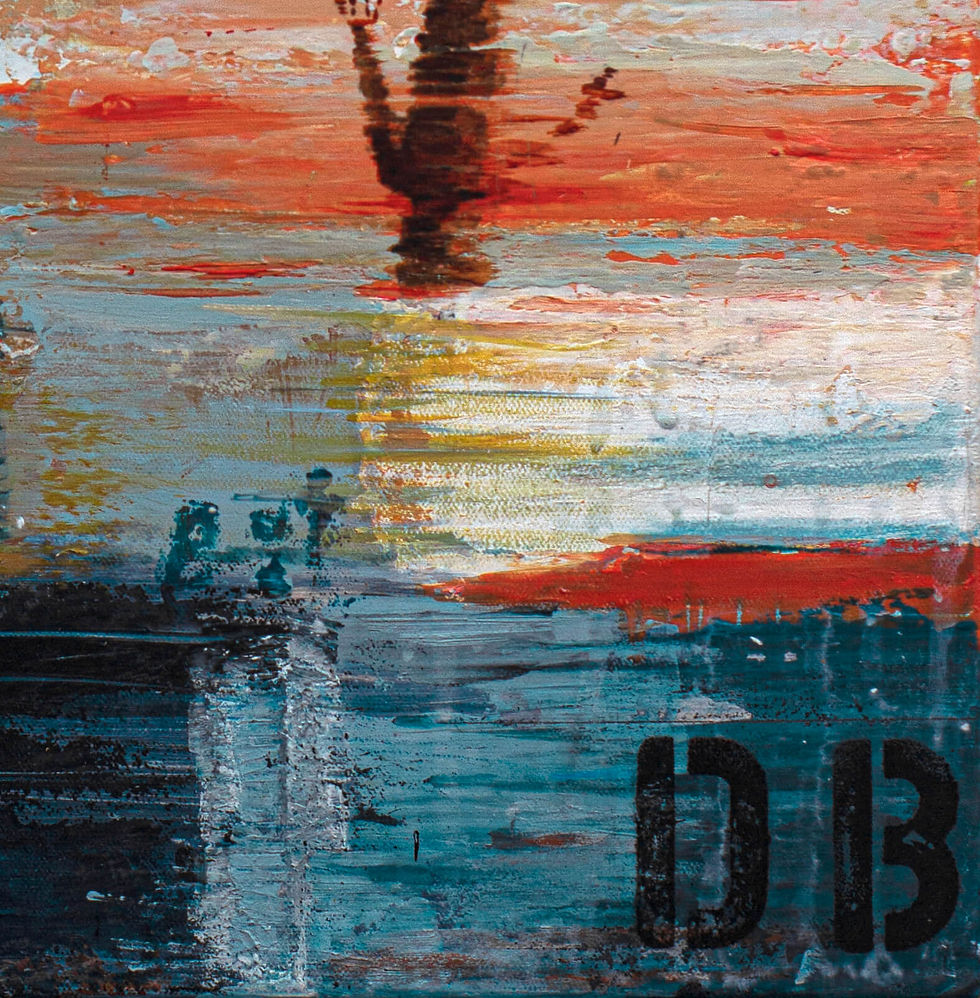 Thumbnail: Part of abstract artwork in blue, orange and white with streaky beach