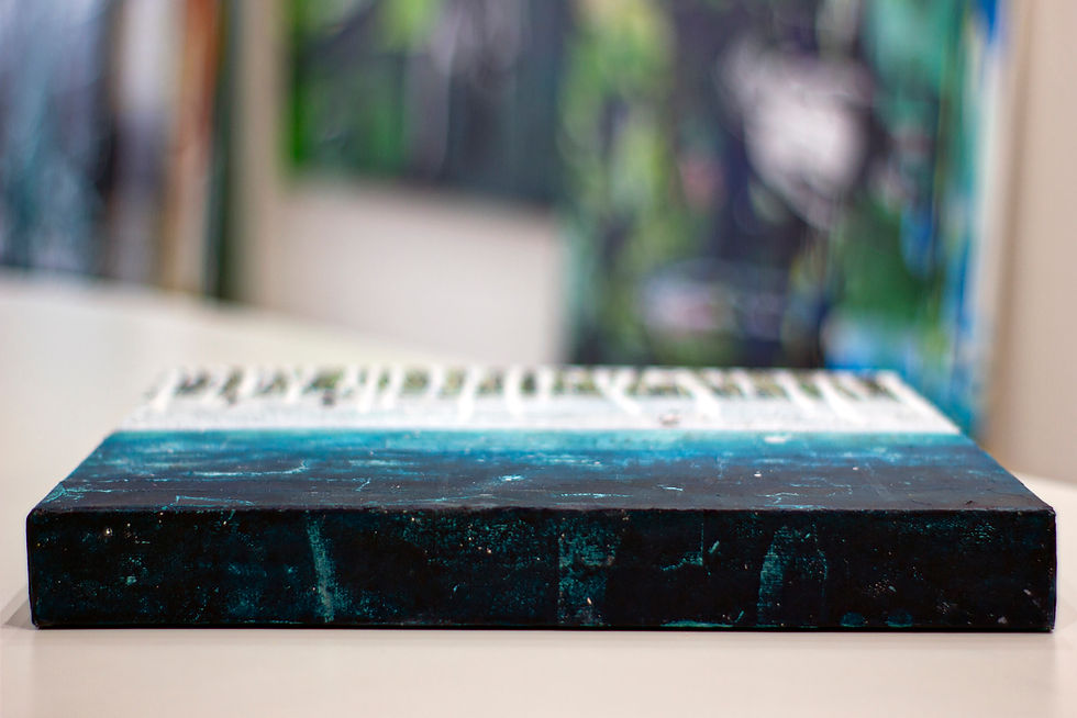 Thumbnail: bottom side of small square blue water and ice landscape painting