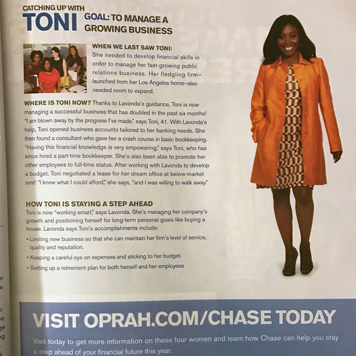 Toni Purry was featured in O! Magazine in both 2008 and 2009
