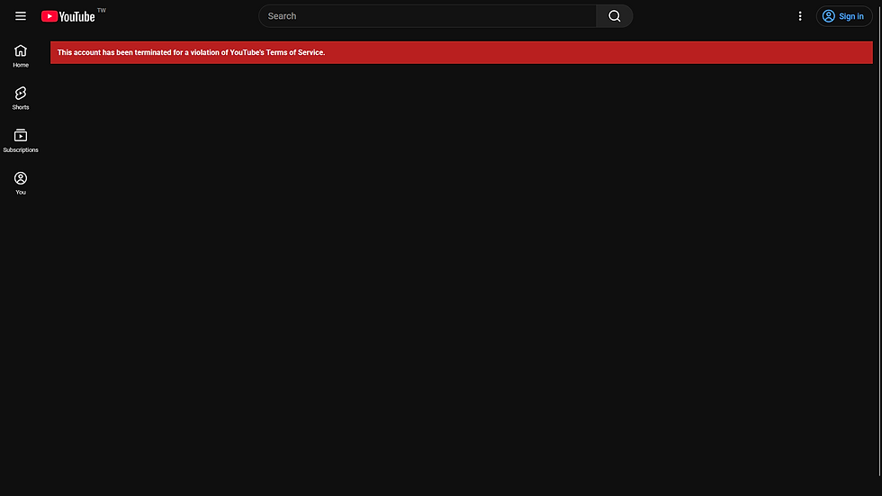 YouTube account terminated for terms of service violation