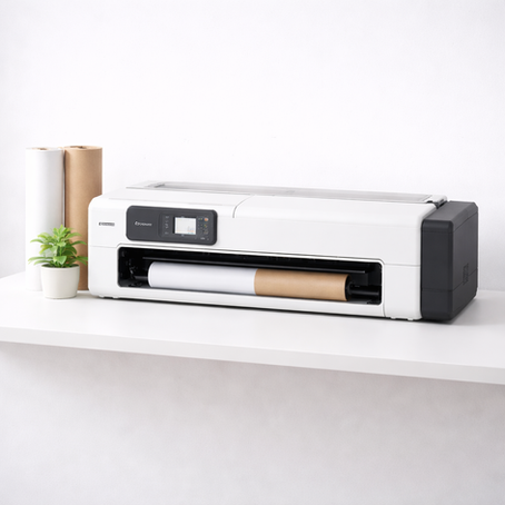A compact white wide format printer sits neatly on a clean white surface with kraft and white paper rolls beside it, accompanied by a small green plant, creating a simple and sustainable visual setting.