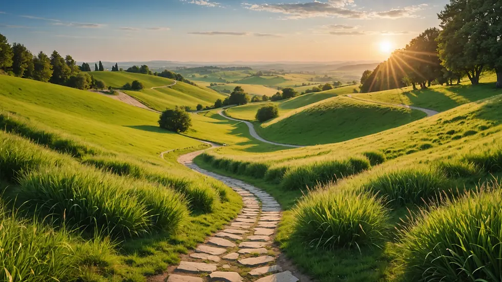 Wide angle view of a serene landscape with a winding path