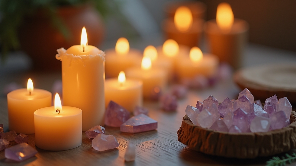 Close-up view of a serene meditation space with candles and crystals