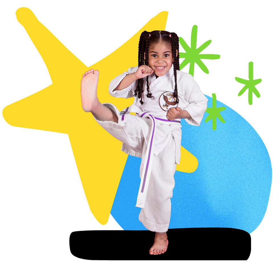 A girl in bushido gear high kicks in the air