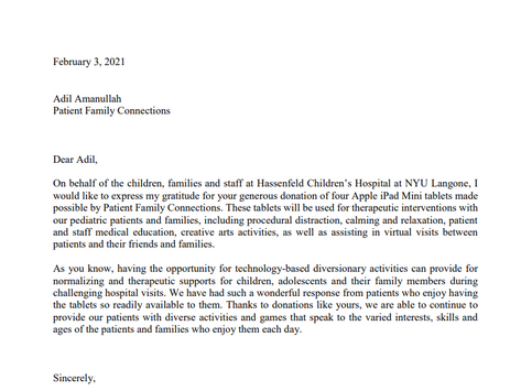 Donation to Hassenfeld Children's' Hospital at NYU Langone