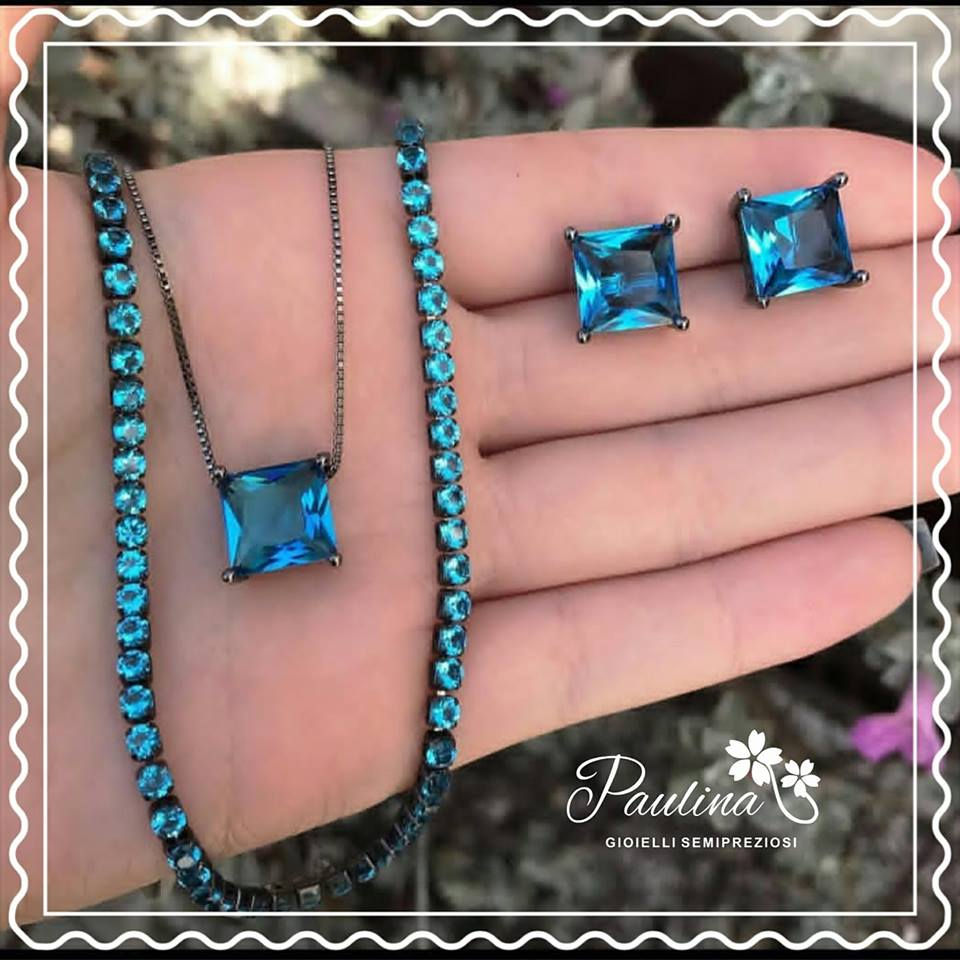 Parure Quadrata Placcata in Rodio Nero con Zirconi Blu