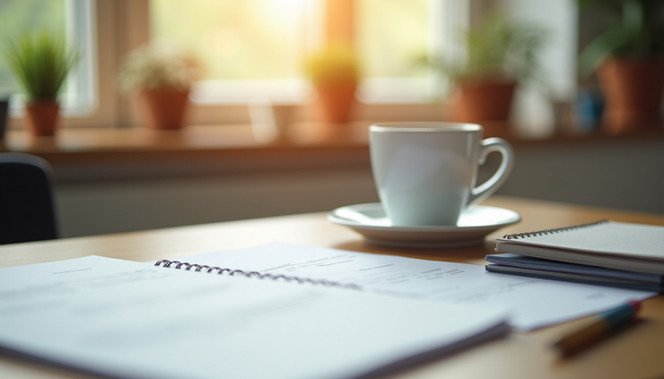 Nahaufnahme eines Schreibtisches mit geordneten Lehrmaterialien und einer Tasse Kaffee