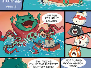 Catnip Bravo postcard comic titled "Catnip Bravo in the Flippity Rippity Sea – Part 2." Catnip Bravo, SB Bunny, KaBao Bear, and Firecracker Raccoon sail aboard the SS San Diego.