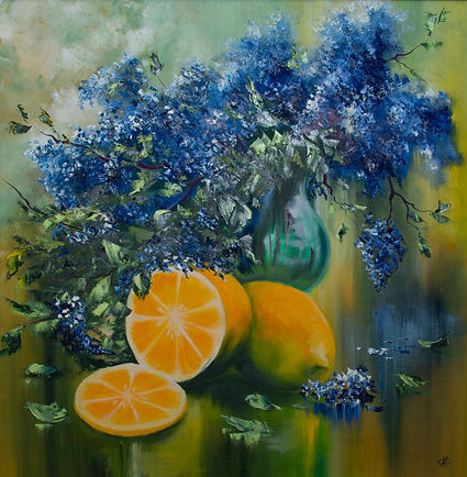 "Lemons in lilac" Oil on canvas, 80x80 cm, 2022