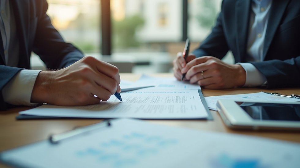 Eye-level view of a financial advisor explaining documents to a client