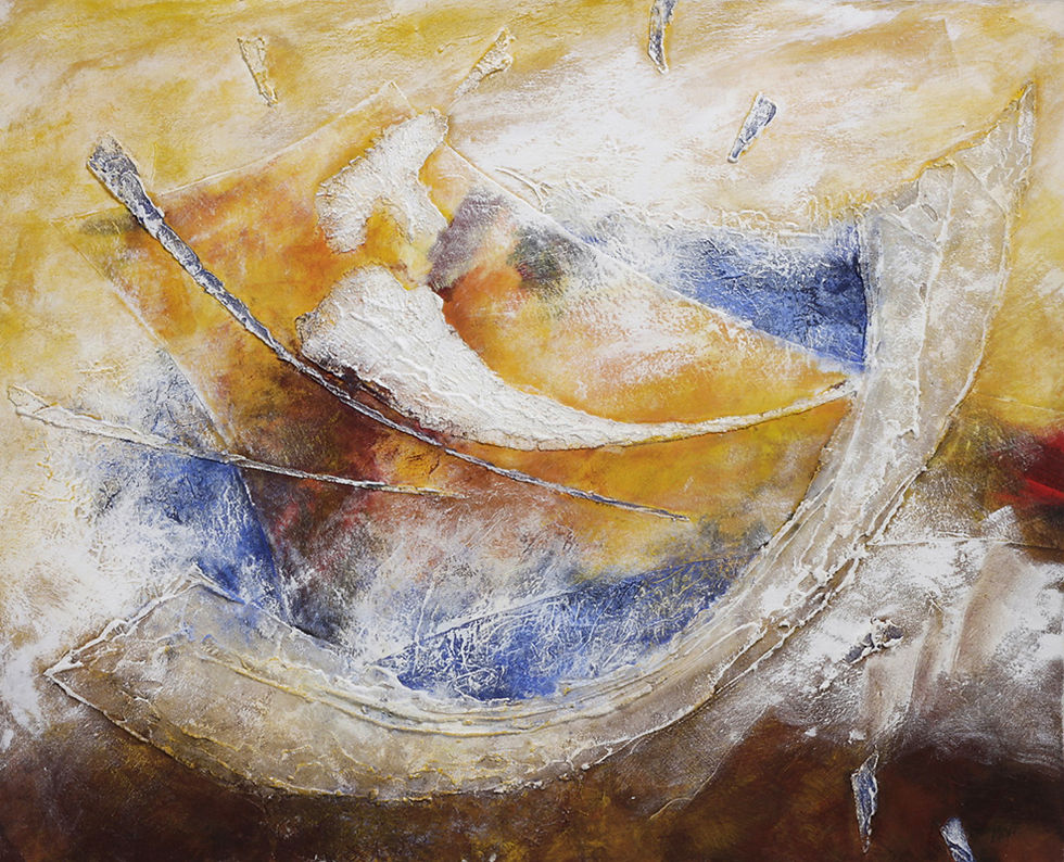 In order to make it visible, Bernard Alligand uses processes relating to a perfectly mastered pictorial technique, both with regard to the composition almost essentially based on curves to ensure its rhythm in the painting, and with regard to the relationship between colored values, by neighborhood or in transparency, as, for example, when we find side by side, in many tables, white in blue and blue in yellow The shores of light 2002, the colors then passing from the one to the other and one in the other, on the surface and in depth, thanks to the permeability of forms and through the mediation of the material which then seems to emit an interior light.