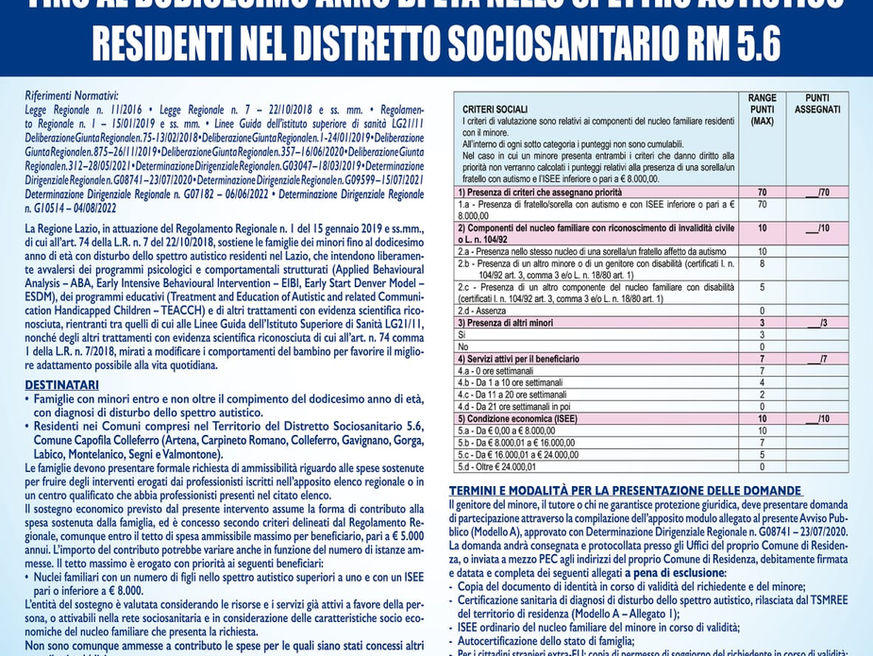 SOSTEGNO ECONOMICO IN FAVORE DEI MINORI ENTRO IL DODICESIMO ANNO DI ETÀ CON DISTURBO...