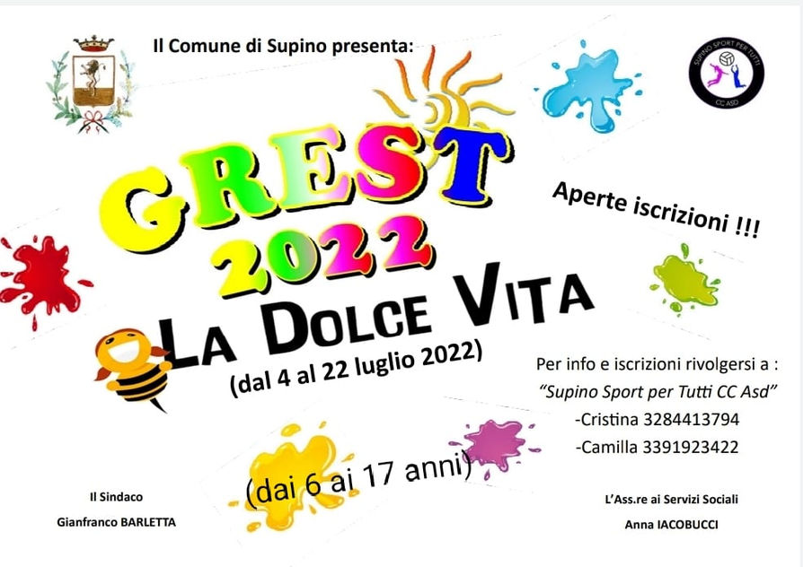 GREST 2022 #Supino" LA DOLCE VITA" dal 4 luglio al 22 luglio - dalle 8:30 alle 12:30