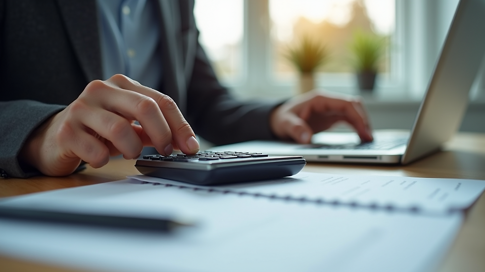 Eye-level view of a person using a calculator and laptop for financial reconciliation