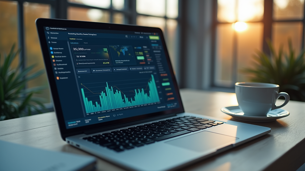 Eye-level view of a laptop screen showing financial software dashboard