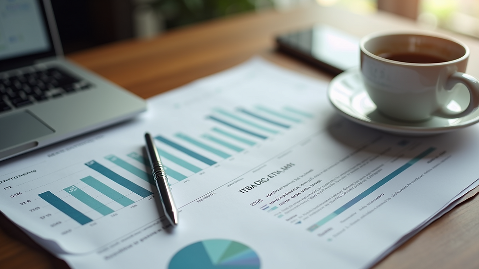 High angle view of a neat desk with financial documents and a cup of coffee