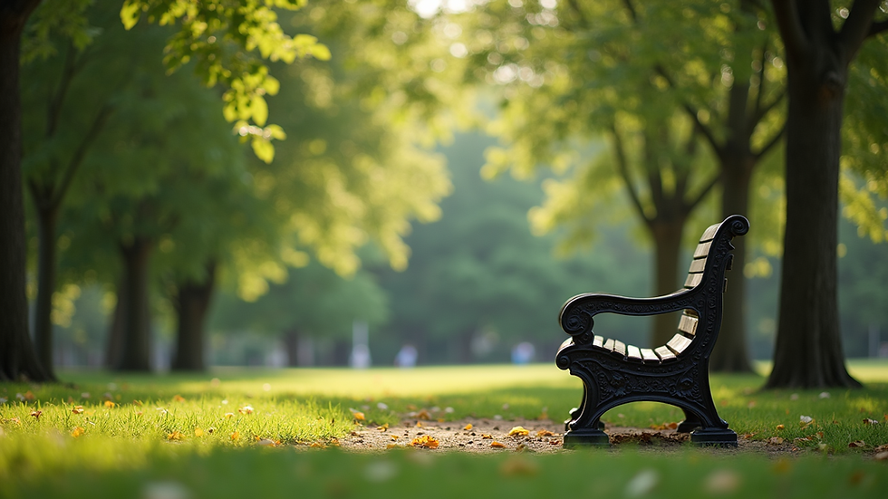 eye-level view of a peaceful park bench surrounded by green trees