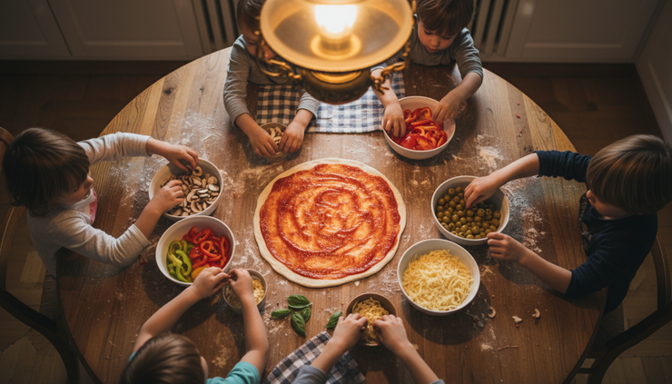 Vogelperspektive auf einen Esstisch mit selbstgemachter Pizza und mehreren Kinderhänden.