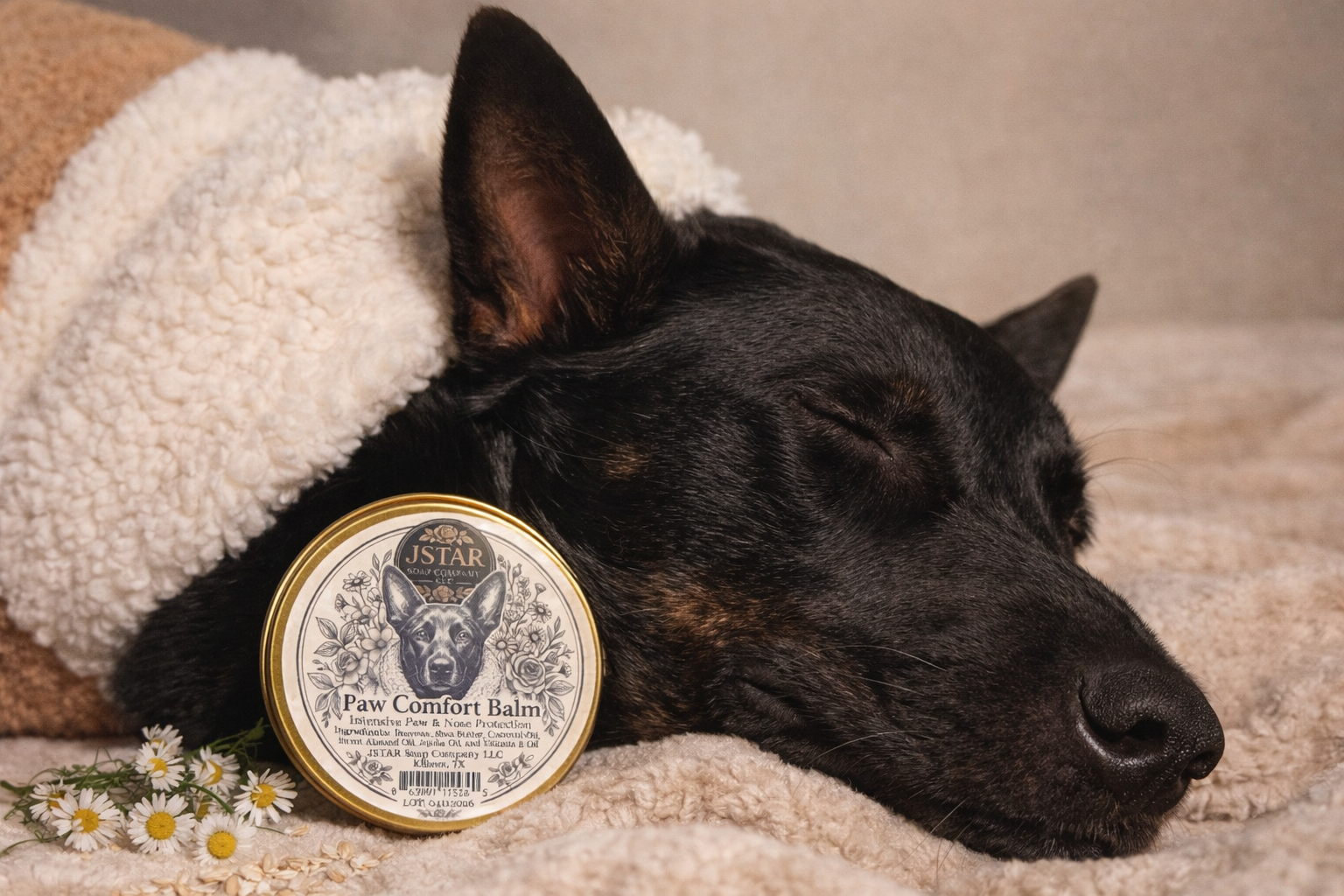 Sleeping black dog on soft blanket beside JSTAR Paw Comfort Balm in a warm, calming, natural setting.