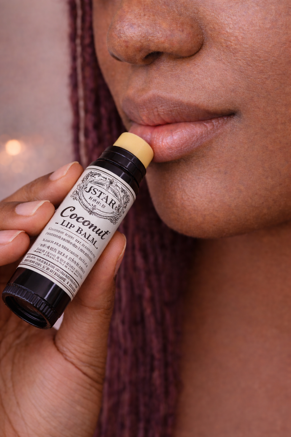 Close-up of woman applying Coconut lip balm with black and white label, highlighting smooth lips and natural skincare use