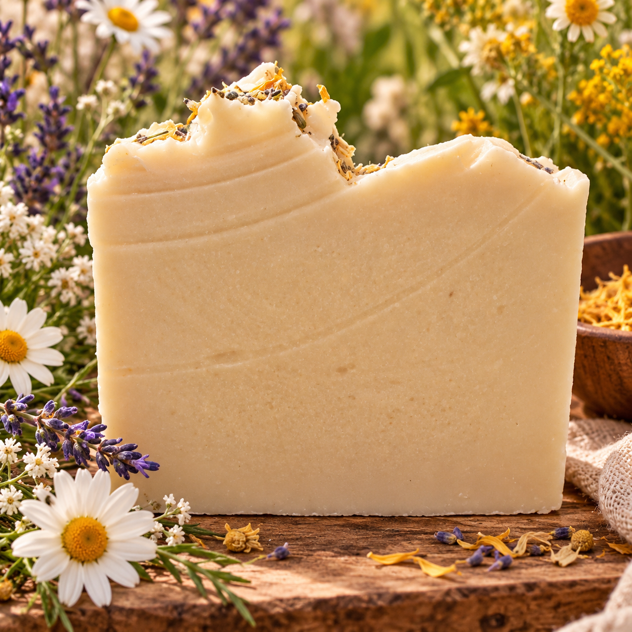 Summer Wildflower goat milk soap with creamy ivory tones, dried botanicals, and a colorful wildflower background.