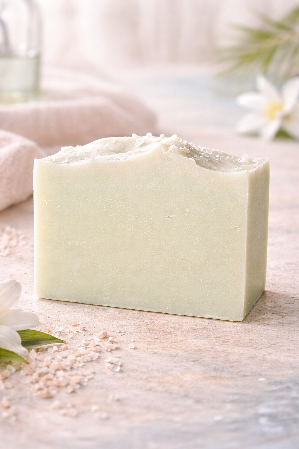 Sea Salt and Lily artisan soap bar on light stone with floral spa background.