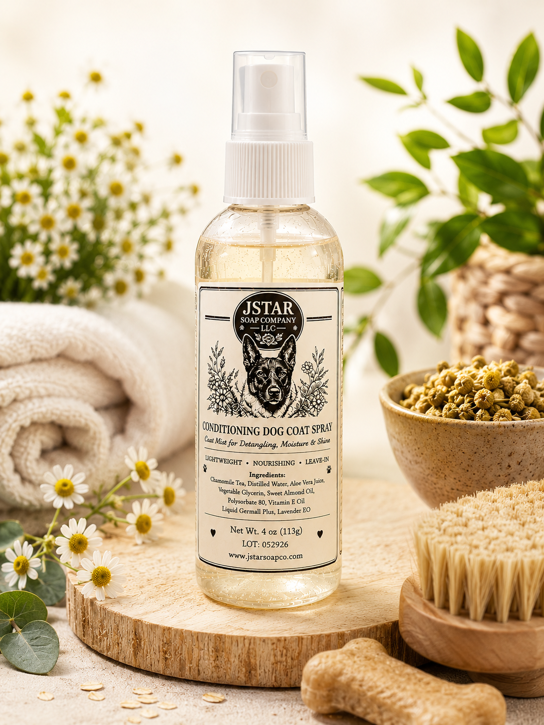 Conditioning Dog Coat Spray with chamomile, aloe vera, and lavender for moisturizing, detangling, and shine.