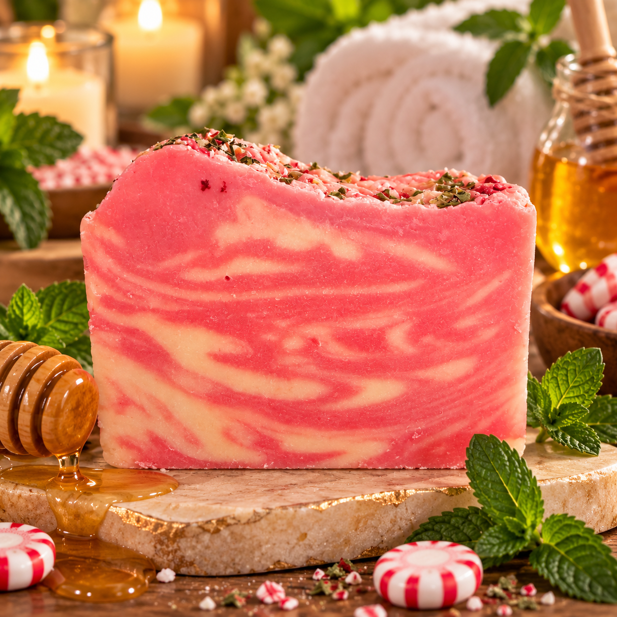 Handcrafted Honey Peppermint goat milk soap with pink and cream swirls, dried flowers, honey, and fresh peppermint accents.