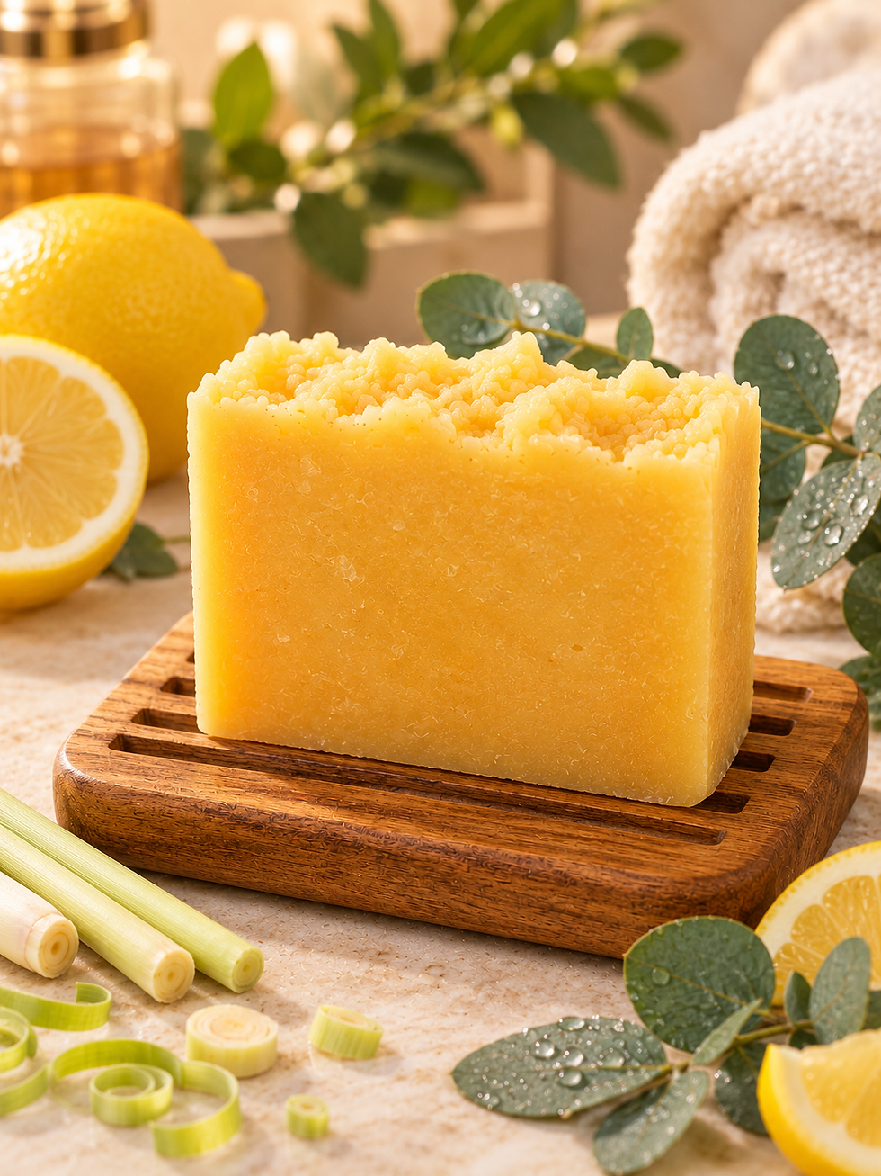 Citrus Breeze hot process soap bar with lemon, lemongrass and eucalyptus in a bright botanical setting
