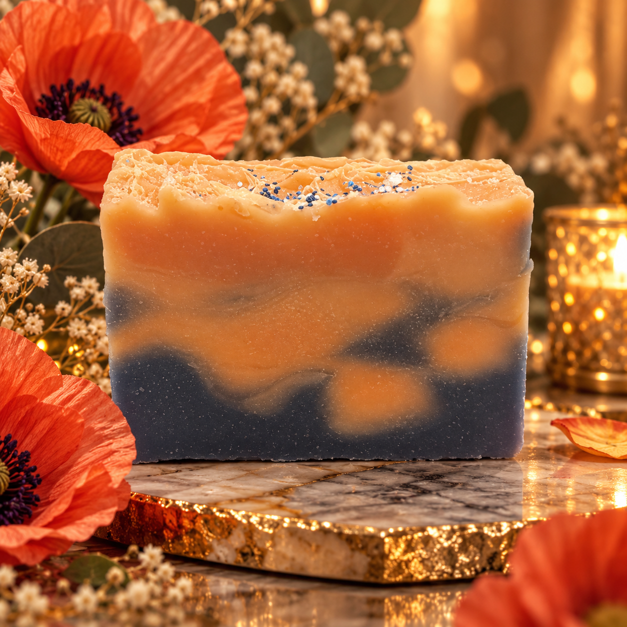 Firecracker Explosion goat milk soap with bold orange and charcoal swirls, handcrafted with bright citrus essential oils.