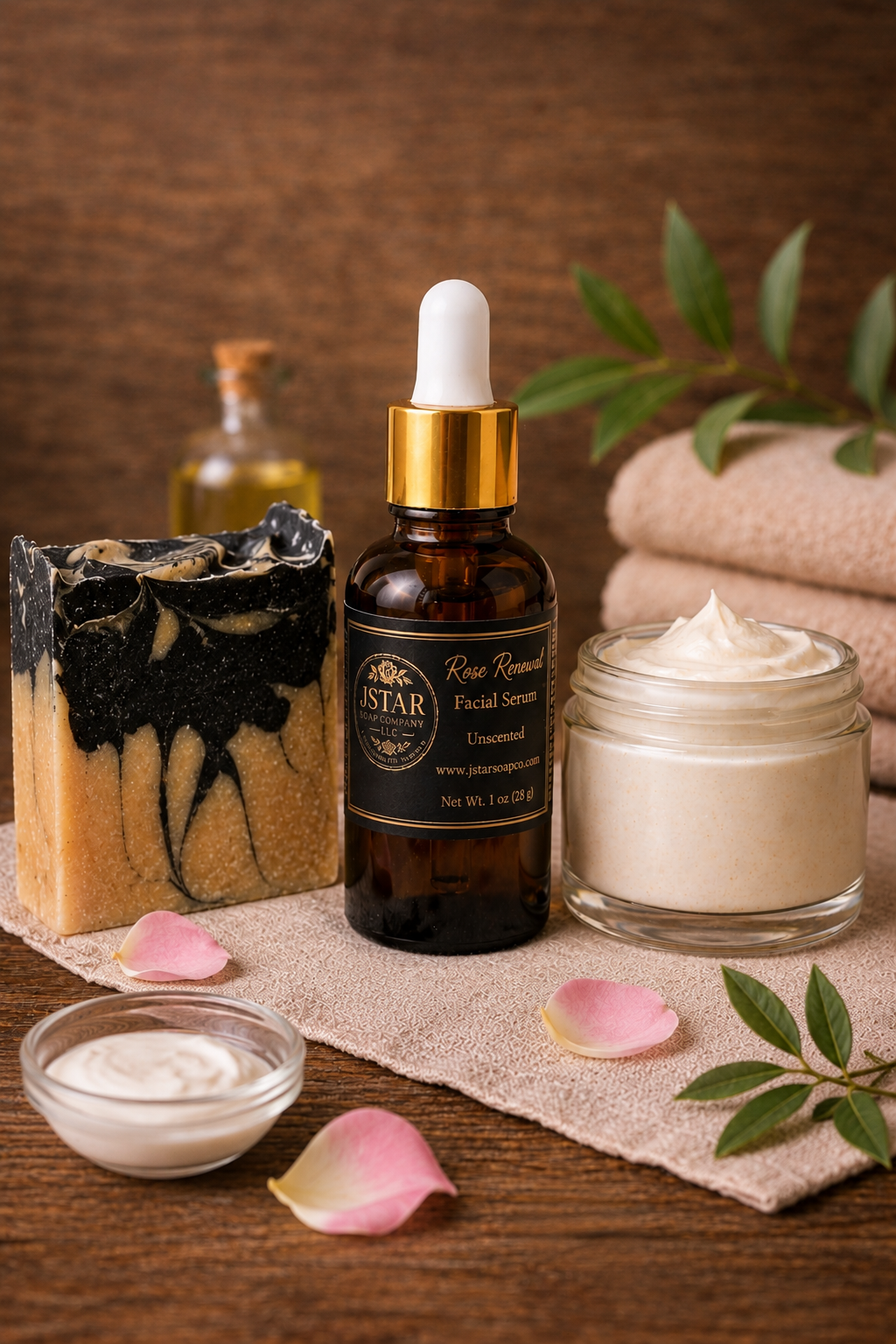 JSTAR Facial Ritual featuring Charcoal Mud Facial Bar, Rose Renewal Serum, and Tallow Soufflé Facial Cream