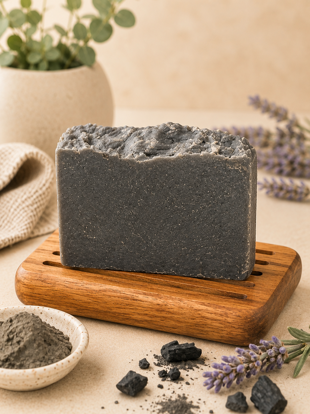 Activated Charcoal & Dead Sea Mud facial bar with lavender essential oil for a luxurious cleansing experience.