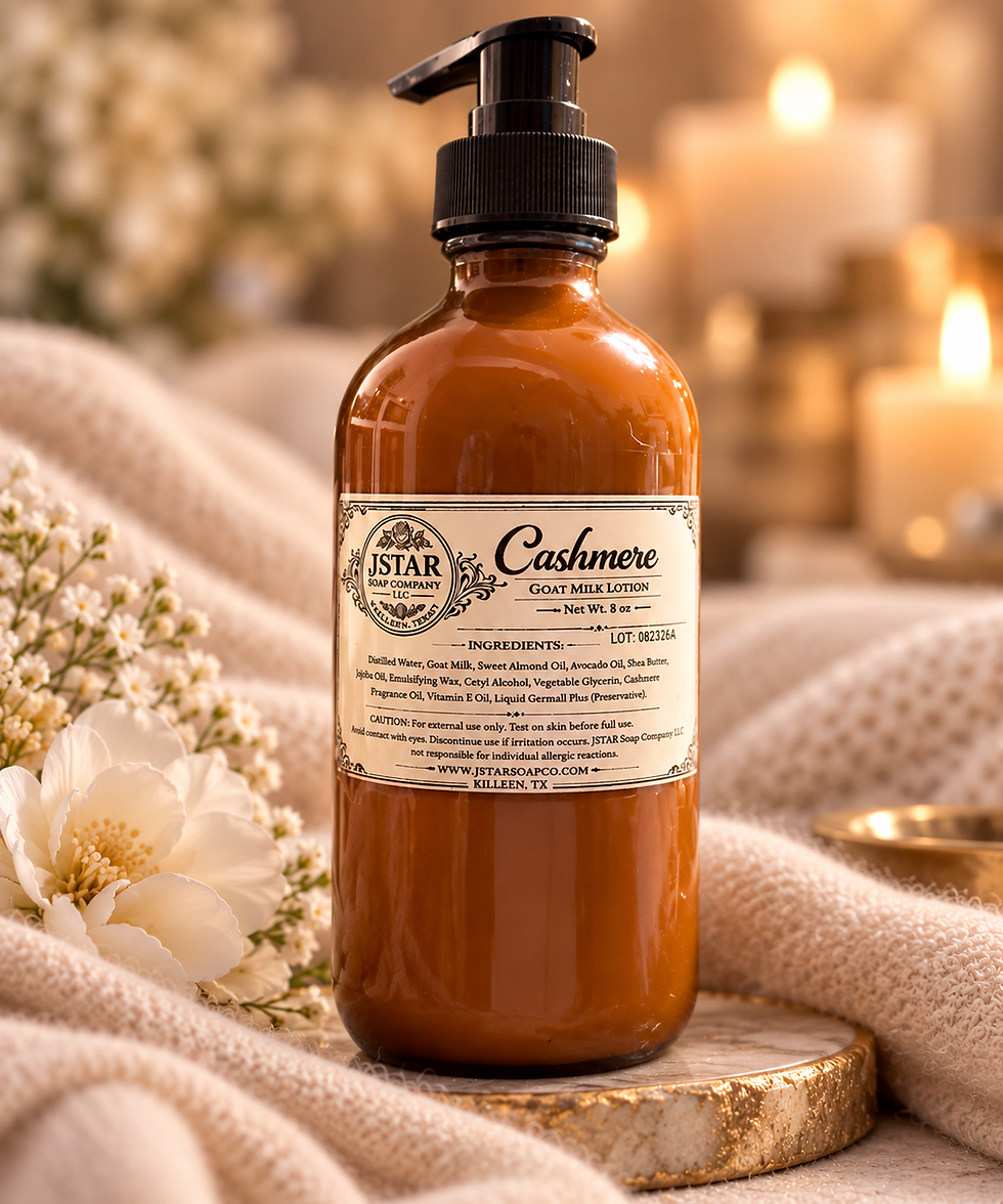 JSTAR Cashmere Goat Milk Lotion in an 8 oz amber glass pump bottle with a warm, luxurious cashmere spa setting.
