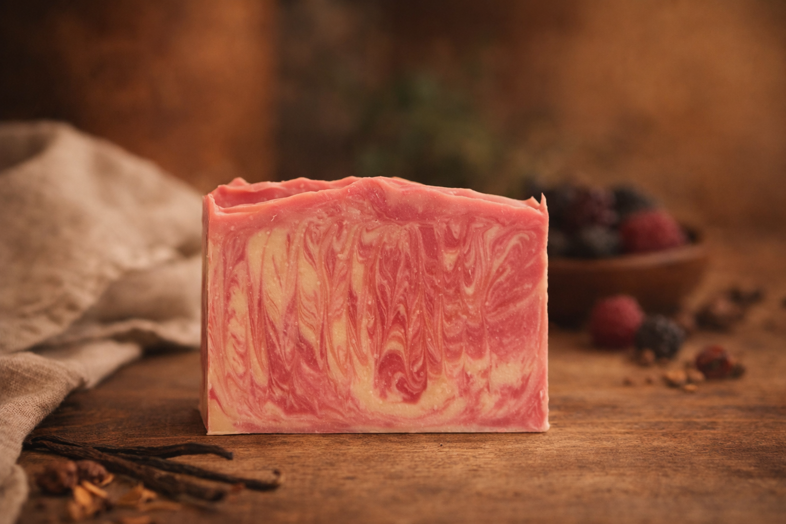 Black Raspberry Vanilla artisan soap bar with pink and cream swirls on rustic wooden background.
