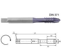 Machine tap for through holes. Metric, ISO DIN 13. HSSE TiAlN. DIN 371, DIN 376. Tolerance ISO2/6H. For aluminium. Up to 700 N/mm2. Professional thread cutting