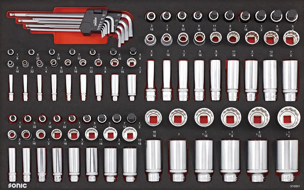 310001 Socket set 1/4'', 3/8'' & 1/2'', 12 pt. (SAE) SFS 100-pcs, Sonic Equipment