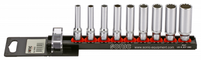 100902 Deep socket set 1/4'', (SAE) on rail 9-pcs, Sonic Equipment