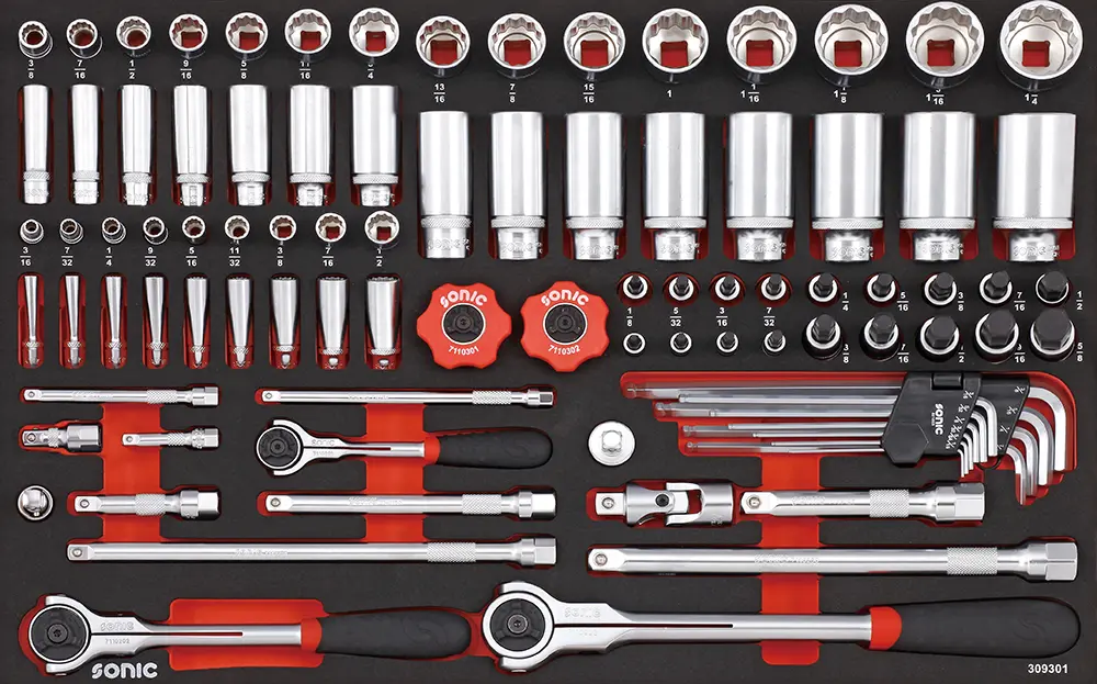 309301 Socket set (SAE) 12pt. 1/4'' 3/8'' 1/2'', SFS 93-pcs, Sonic Equipment