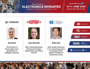 Future of Electronics RESHAPED: Smart interactive label technologies, silicone-based dry electrode biosensing, and AI-boosted neuromuscular tracking.