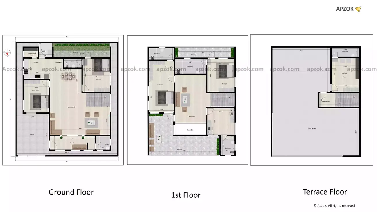 45 * 50 home design duplex plan of the Residential building facing in North direction