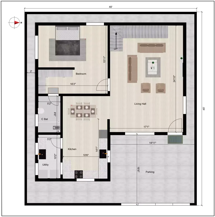 40x45 3 bedroom floor plan east facing duplex plan of the Residential building ground floor plan