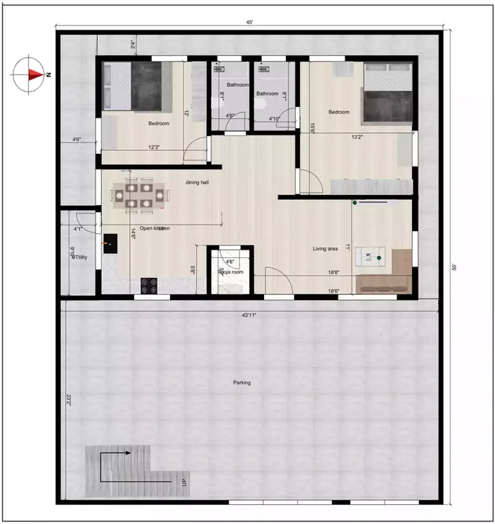 45 x 55 house plan of the Residential building facing in East direction ground floor plan