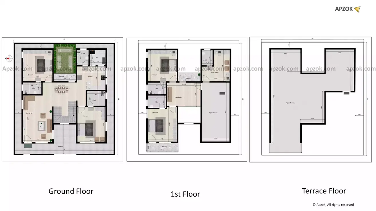 45 * 50 house map duplex plan of the Residential building facing in West direction